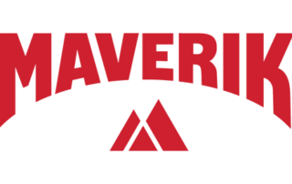 The Maverik logo. It is red on a white background and has a small mountain range under