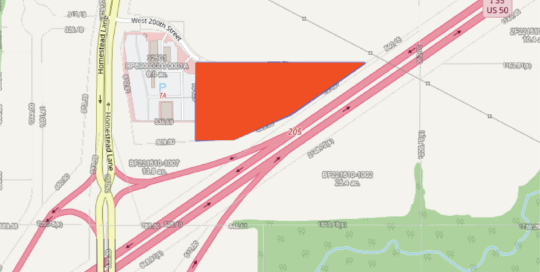 A map of the I-35 and Homestead interchange in Edgerton, Kansas. A polygon in orange is on the northeast corner to show that land is available for development