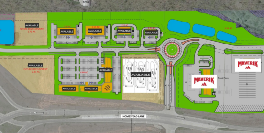A map of the Edgerton Crossing Development on the southwest corner of I-35 and Homestead Lane. There are nearly a dozen pad sites available.