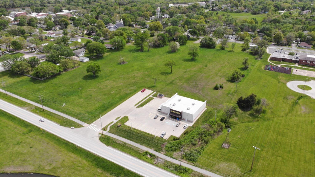 An aerial shot of a lot available for development along US 56 in Edgerton